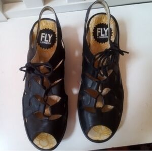 Fly London Leather Slingback Wedges Shoes Women's 9.5 Black Peep Toe Lace Ties